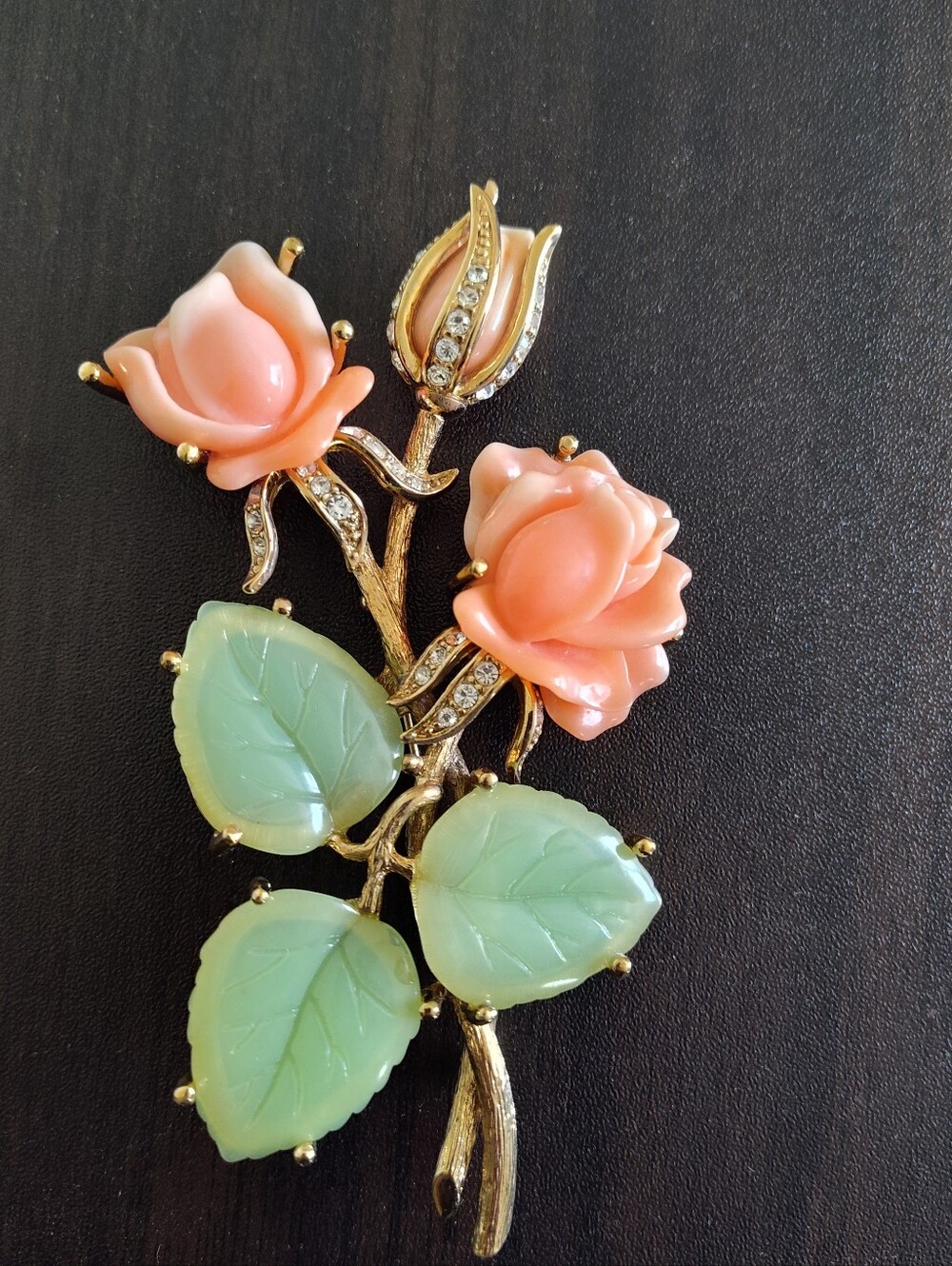 Nolan Miller rose translucent brooch pin gold tone rhinestones fashion